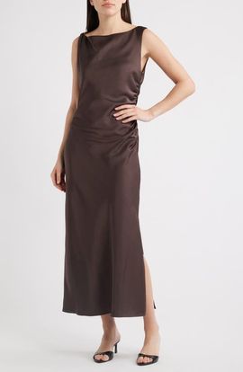 sam edelman ruched midi dress Sam Edelman Cap Sleeve Ruched Satin Midi Dress, Womens, 4, Wine