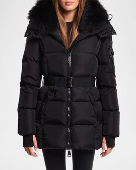 SAM Luxe Soho Lamb Shearling Collar Belted Down Jacket