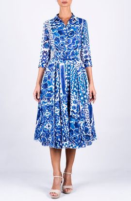 SAMANTHA SUNG SAMANTHA SUNG Watercolor Tile A-Line Belted Shirtdress