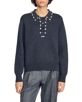 Sandro Sandro Antonia Embellished Polo Collar Sweater