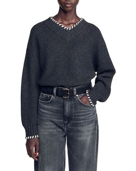 Sandro Sandro Augusta Wool Blend Whipstitch V Neck Sweater
