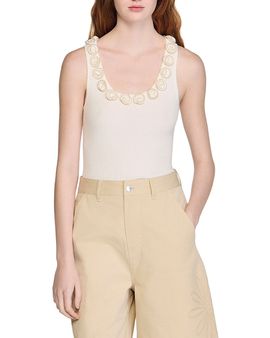 Sandro Sandro Beaded Roses Ribbed Knit Top