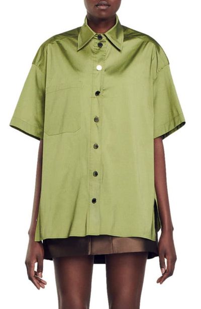 SANDRO SANDRO Cacao Oversize Short Sleeve Satin Shirt