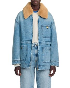 Sandro Sandro Cameron Cotton Denim Coat with Faux Fur Collar