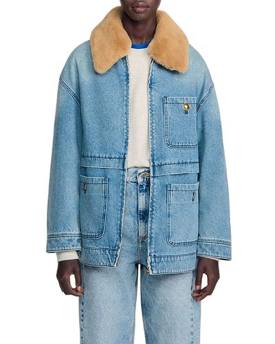 Sandro Sandro Cameron Cotton Denim Coat with Faux Fur Collar