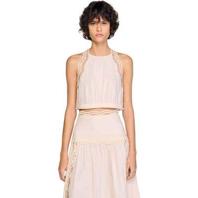 SANDRO SANDRO Cotton crop top with lace trim