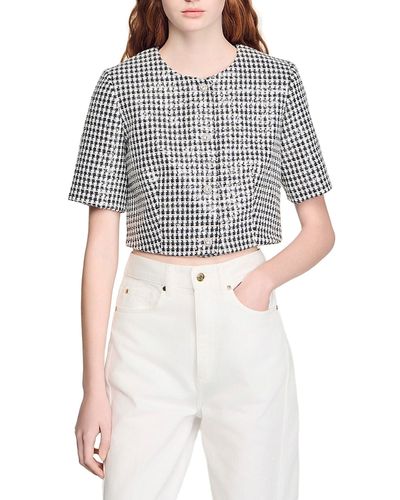 Sandro Sandro Cropped Houndstooth Tweed Jacket