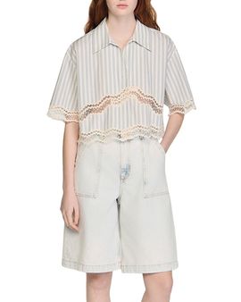 Sandro Sandro Cropped Striped Cotton Shirt
