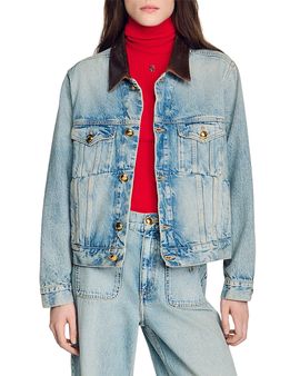 Sandro Sandro Denim Jacket with Leather Collar in Blue Jean