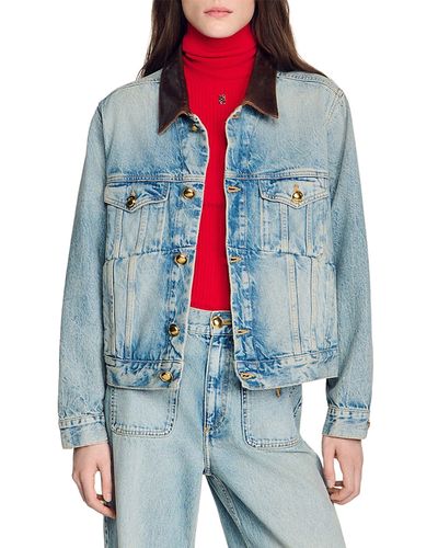 Sandro Sandro Denim Jacket with Leather Collar in Blue Jean