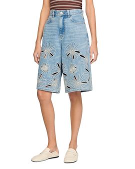 Sandro Sandro Embroidered Denim Bermuda Shorts in Blue Jean