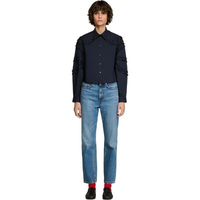 SANDRO SANDRO Gathered Rhinestone Cotton Shirt