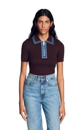 SANDRO SANDRO Knit polo sweater with denim collar