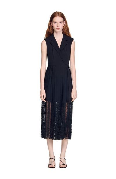 SANDRO SANDRO Lace pleated midi dress