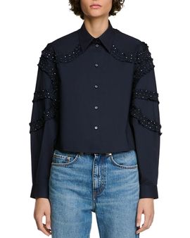 Sandro Sandro Litchi Cotton Rhinestone Trim Shirt