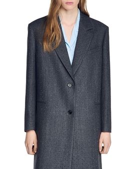 Sandro Sandro Long Wool Coat With Rhinestones