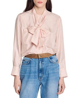 Sandro Sandro Miraluna Striped Tie Neck Shirt