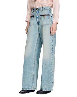 Sandro Sandro Sigrid High Rise Straight Leg Leather Detail Jeans in Blue Jean