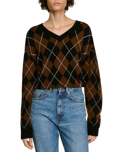 Sandro Sandro Wade Wool & Cashmere Rhinestone Argyle V Neck Sweater