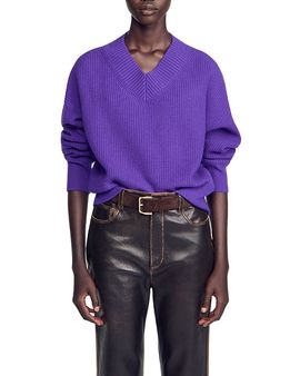 Sandro Sandro Wool & Cashmere Ribbed V Neck Sweater