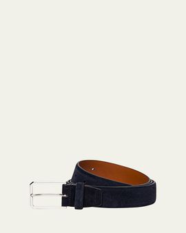 Santoni Men's Rectangle-Buckle Hand-Burnished Suede Belt