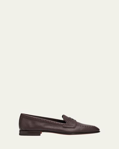 Santoni Topstitch Leather Penny Loafers