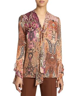 Santorelli Santorelli Sienna Long Sleeve Blouse with Neck Tie in Printed Charmeuse