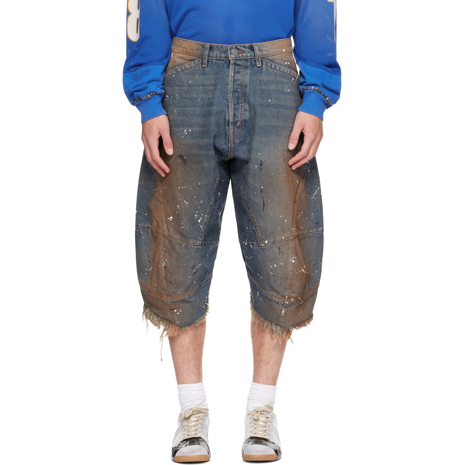 Satoshi Nakamoto ダメージデニムショートパンツ Satoshi Nakamoto - Blue Acid Rain Denim Shorts