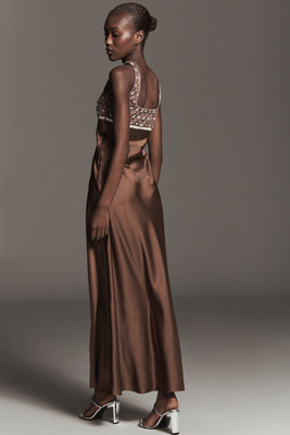 chinese dress ladies Brown Satin Square Neck Sparkly A-Line Long Dress 2XL main image 0