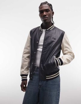 Schott Schott leather varsity jacket in navy and off white-Multi