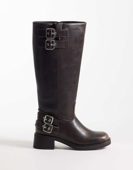 Schuh schuh Disk pull on boots with buckle details in brown PU-Neutral