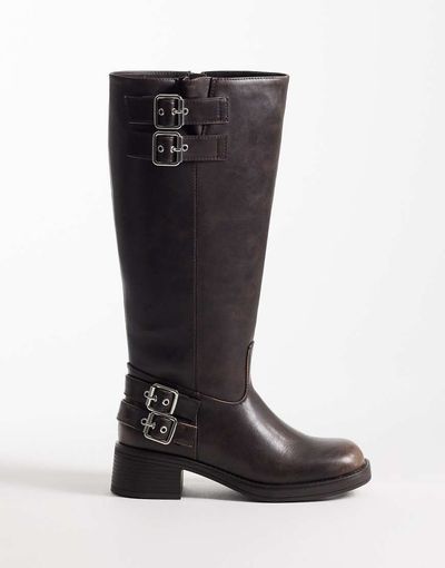 Schuh schuh Disk pull on boots with buckle details in brown PU-Neutral