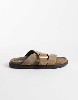 Schuh Schuh Tear cross over flat sandal with buckle detail in sage suede-Green