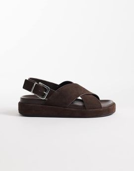 Schuh schuh Tennessee cross over sandals with heel strap and buckle detailing in brown suede