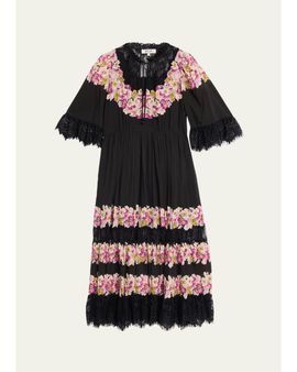 Sea 3/4-Sleeve Persephone Print Cotton Lace-Trim Midi Dress