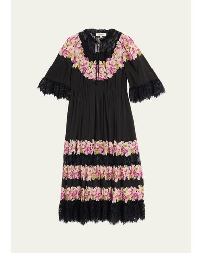Sea 3/4-Sleeve Persephone Print Cotton Lace-Trim Midi Dress