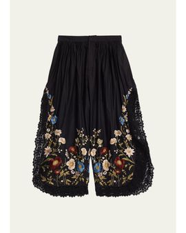 Sea Floral Embroidered Cotton & Lace Wide-Leg Culotte Pants