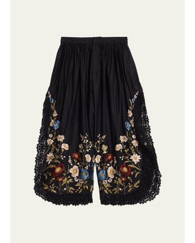 Sea Floral Embroidered Cotton & Lace Wide-Leg Culotte Pants