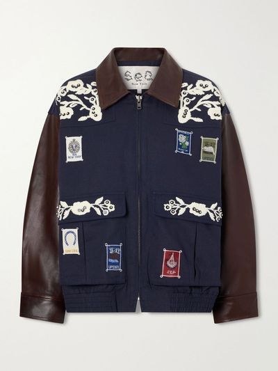 SEA Georgie embroidered cotton-canvas and leather jacket