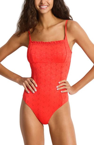 Sea Level Sea Level Frill Square Neck Eyelet One-Piece Swimsuit