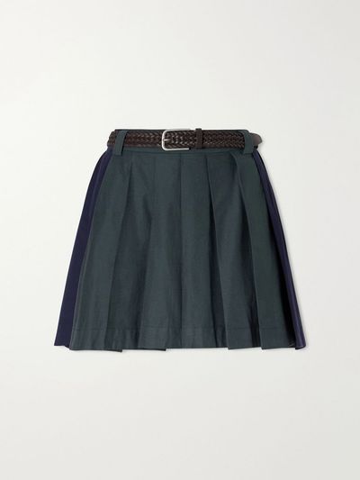 SEA Odessa belted pleated leather-trimmed cotton-poplin mini skirt
