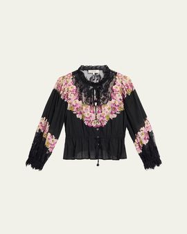 Sea Persephone Print Cotton & Lace Long-Sleeve Blouse