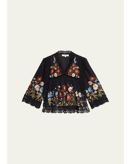 Sea Ruwa Embroidered V-Neck Long-Sleeve Top With Lace Trim