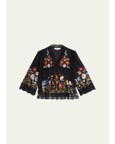 Sea Ruwa Embroidered V-Neck Long-Sleeve Top With Lace Trim