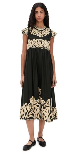 Sea Sea Alexandra Embroidery Cap Sleeve Midi Dress Black