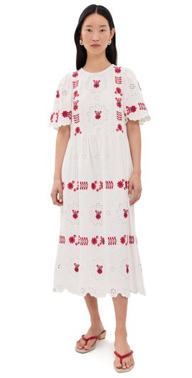 Sea Sea Catharina Embroidered Short Sleeve Midi Dress Cream