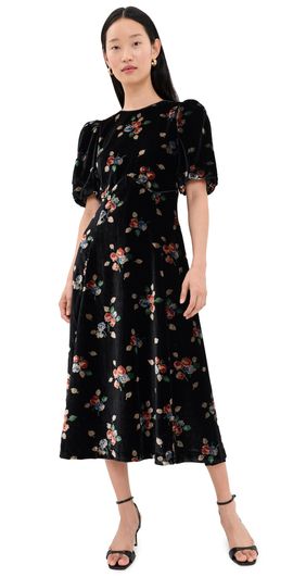 Sea Sea Leda Velvet Puff Sleeve Midi Dress Black