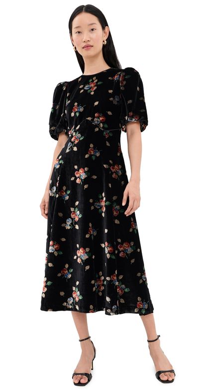 Sea Sea Leda Velvet Puff Sleeve Midi Dress Black