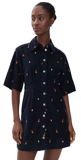 Sea Sea Tilly Embroidered Cord Button Down Dress Navy