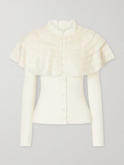 SEA Wanda ruffled lace and brocade-trimmed wool cardigan